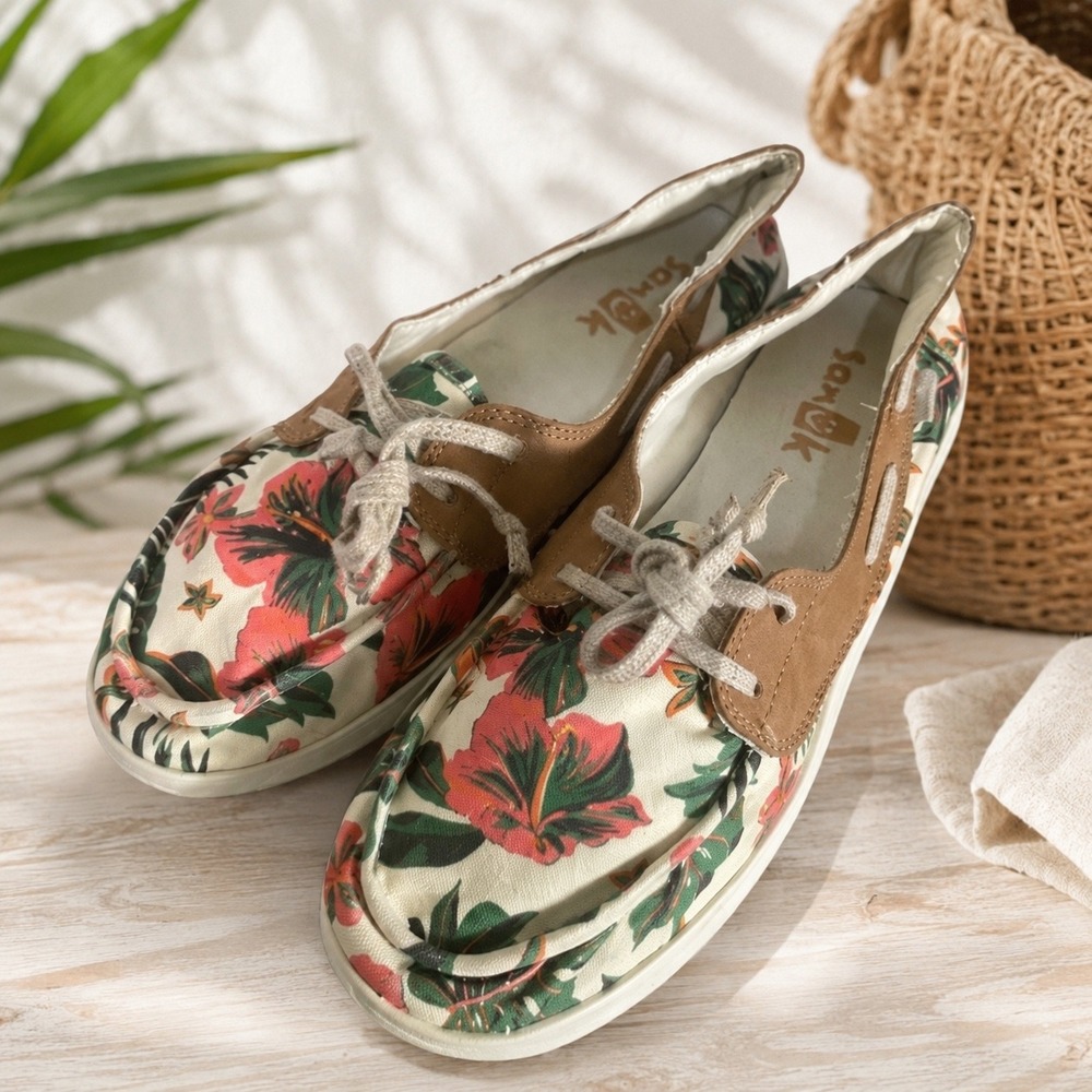 Sanuk Pair O Sail Lite Floral Boat Shoes Womens 10 Canvas Slip On Beach